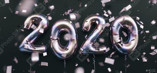 New year 2020 celebration. Silver foil balloons numeral 2020 and confetti on black background  : Stock Photo or Stock Video Download rcfotostock photos, images and assets rcfotostock | RC Photo Stock.: