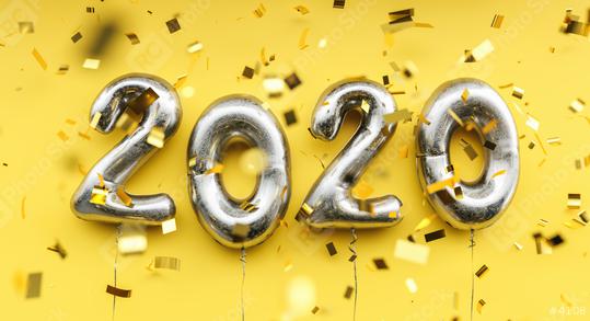 New year 2020 celebration. silver metallic foil balloons numeral 2020 and confetti on yellow background  : Stock Photo or Stock Video Download rcfotostock photos, images and assets rcfotostock | RC Photo Stock.: