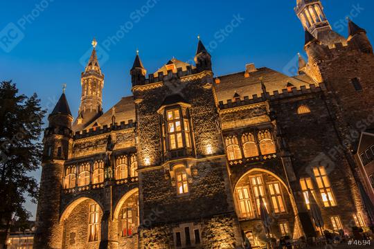 old town hall of Aachen, Germany with night blue sky  : Stock Photo or Stock Video Download rcfotostock photos, images and assets rcfotostock | RC Photo Stock.: