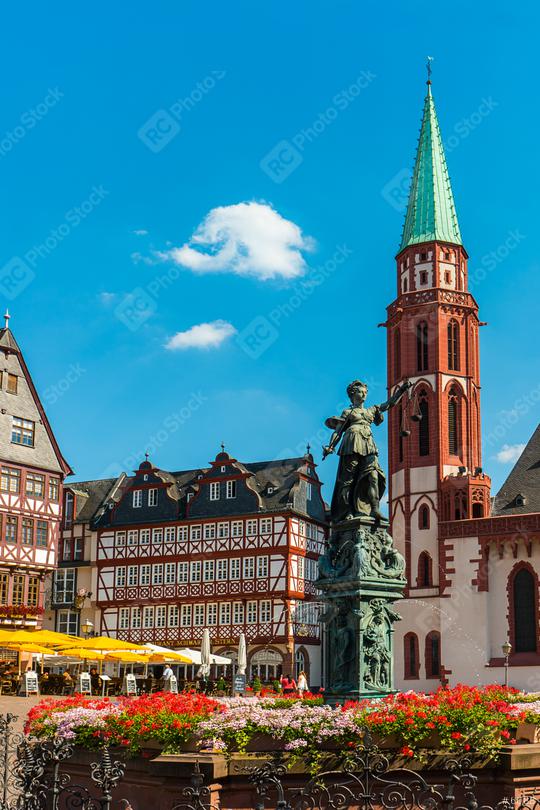 old town of frankfurt romerberg with Justitia statue, Germany  : Stock Photo or Stock Video Download rcfotostock photos, images and assets rcfotostock | RC Photo Stock.: