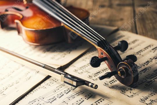 old Violin with bow on notes  : Stock Photo or Stock Video Download rcfotostock photos, images and assets rcfotostock | RC Photo Stock.: