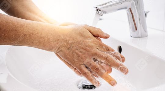 Old Woman Washing hands with soap and hot water at home bathroom sink woman cleansing hand hygiene for coronavirus outbreak prevention. Corona Virus pandemic protection by washing hands frequently.  : Stock Photo or Stock Video Download rcfotostock photos, images and assets rcfotostock | RC Photo Stock.: