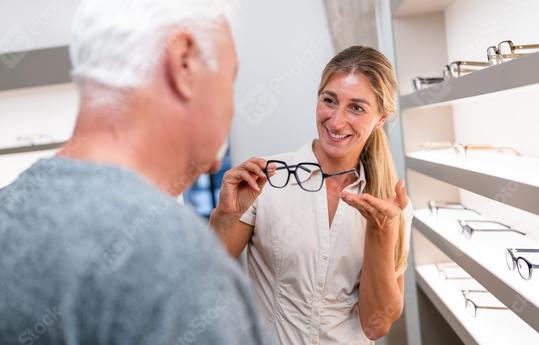 Optician assisting a senior customer with eyewear choices. smiling woman showing spectacles in optical store.  : Stock Photo or Stock Video Download rcfotostock photos, images and assets rcfotostock | RC Photo Stock.: