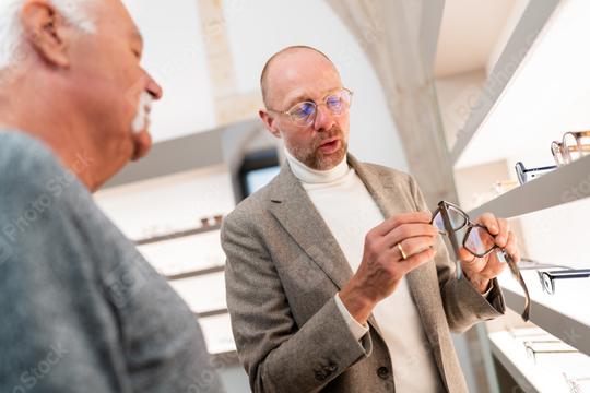 Optometrist presenting eyeglasses to customer in optical shop. Man is looking at eyewear selection in front of glasses shelf.  : Stock Photo or Stock Video Download rcfotostock photos, images and assets rcfotostock | RC Photo Stock.: