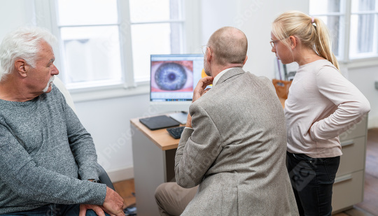 Optometrist reviewing a senior patient