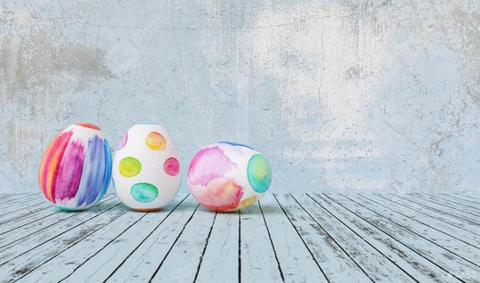 Painted easter eggs for Easter in front of a blue grunge background wall, including copy space  : Stock Photo or Stock Video Download rcfotostock photos, images and assets rcfotostock | RC Photo Stock.: