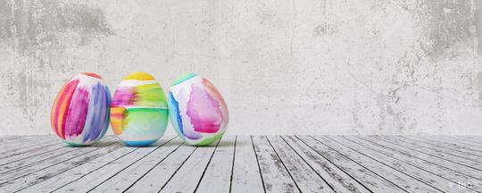 Painted easter eggs for Easter in front of grunge background wall, including copy space, banner size  : Stock Photo or Stock Video Download rcfotostock photos, images and assets rcfotostock | RC Photo Stock.: