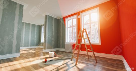 Painting wall red in room before and after restoration or refurbishment  : Stock Photo or Stock Video Download rcfotostock photos, images and assets rcfotostock | RC Photo Stock.: