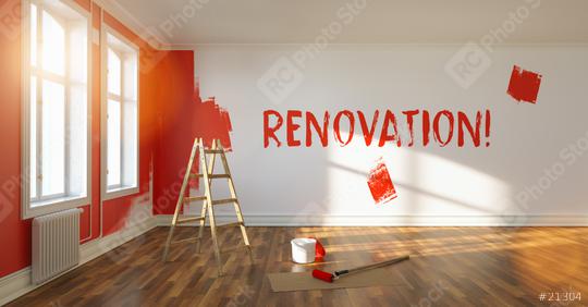 Painting wall red in room of a apartment after relocation, renovation written on wall with fresh paint, with ladder and paint bucket    : Stock Photo or Stock Video Download rcfotostock photos, images and assets rcfotostock | RC Photo Stock.: