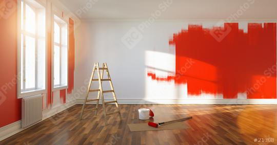 Painting wall red in room of apartment after relocation with ladder and paint bucket   : Stock Photo or Stock Video Download rcfotostock photos, images and assets rcfotostock | RC Photo Stock.: