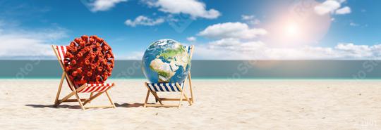 Pair of beach chairs with Coronavirus and earth globe on sand beach in summer in sunlight   : Stock Photo or Stock Video Download rcfotostock photos, images and assets rcfotostock | RC Photo Stock.: