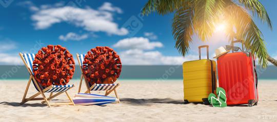 Pair of beach chairs with Coronavirus coronavirus covid-19 epidemic on sand beach with Suitcase, Palm tree, flip-flops, parasol at summer in sunlight   : Stock Photo or Stock Video Download rcfotostock photos, images and assets rcfotostock | RC Photo Stock.: