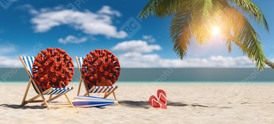 Pair of beach chairs with Coronavirus coronavirus covid-19 epidemic on sand beach with Palm tree, flip-flops, parasol at summer in sunlight   : Stock Photo or Stock Video Download rcfotostock photos, images and assets rcfotostock | RC Photo Stock.: