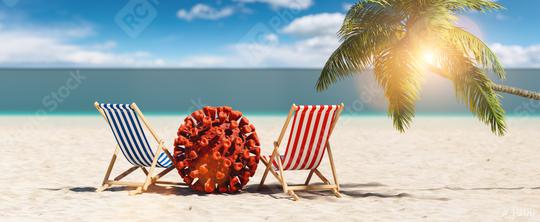 Pair of beach chairs with Coronavirus coronavirus covid-19 epidemic on sand beach with palm tree in summer in sunlight   : Stock Photo or Stock Video Download rcfotostock photos, images and assets rcfotostock | RC Photo Stock.: