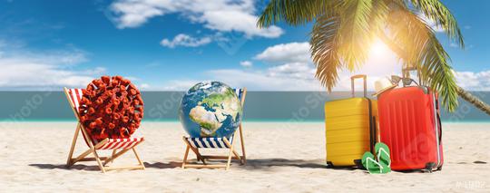 Pair of beach chairs with Coronavirus coronavirus covid-19 epidemic on sand beach with Suitcases, Palm tree, flip-flops, at summer in sunlight   : Stock Photo or Stock Video Download rcfotostock photos, images and assets rcfotostock | RC Photo Stock.: