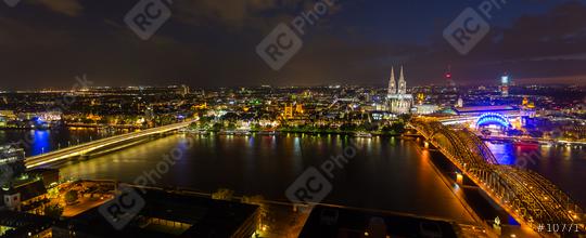 Panorama of Cologne at night on the rhine river  : Stock Photo or Stock Video Download rcfotostock photos, images and assets rcfotostock | RC Photo Stock.: