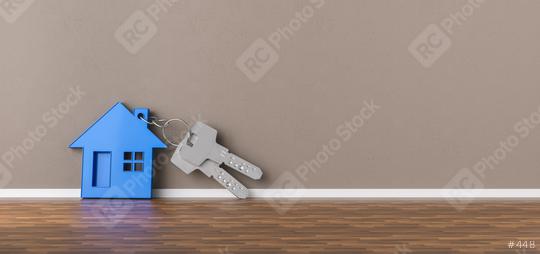 Panorama of keys with blue house leaning on wall as mortgage financing concept, copyspace for your individual text.  : Stock Photo or Stock Video Download rcfotostock photos, images and assets rcfotostock | RC Photo Stock.: