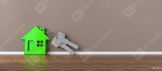 Panorama of keys with green house leaning on wall as mortgage fi  : Stock Photo or Stock Video Download rcfotostock photos, images and assets rcfotostock | RC Photo Stock.: