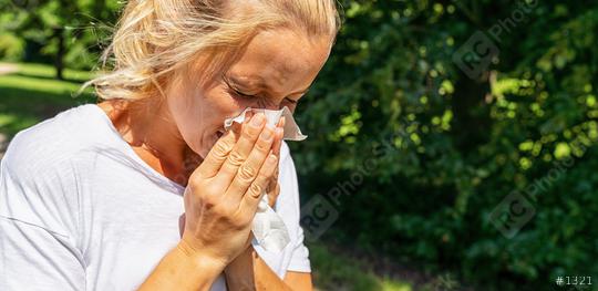 Panorama of sick or allergic woman sneezing with tissue  : Stock Photo or Stock Video Download rcfotostock photos, images and assets rcfotostock | RC Photo Stock.: