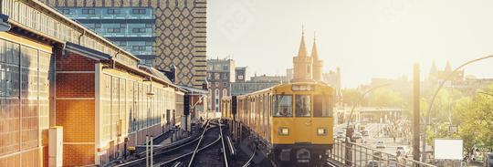 Panoramic view of Berliner U-Bahn with Oberbaum Bridge in the background in golden evening light at sunset with retro vintage Instagram style hipster filter effect, Berlin Friedrichshain-Kreuzberg  : Stock Photo or Stock Video Download rcfotostock photos, images and assets rcfotostock | RC Photo Stock.: