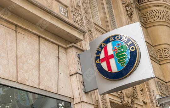 PARIS, FRANCE SEPTEMBER, 2017: Alfa Romeo motor company logo on building. Alfa Romeo Automobiles S.p.A. is an Italian manufacturer of cars.  : Stock Photo or Stock Video Download rcfotostock photos, images and assets rcfotostock | RC Photo Stock.: