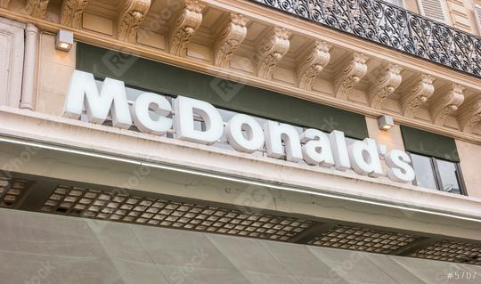 PARIS, FRANCE SEPTEMBER, 2017: McDonalds logo sign on a building. It is the world