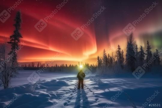 Person standing amidst snowy terrain, gazing at the radiant red aurora  : Stock Photo or Stock Video Download rcfotostock photos, images and assets rcfotostock | RC Photo Stock.: