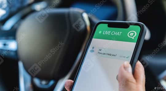 Person use customer service and support live chat with chatbot and automatic messages or human servant in the car. Assistance and help with mobile phone app. Smartphone helpdesk for feedback cell.  : Stock Photo or Stock Video Download rcfotostock photos, images and assets rcfotostock | RC Photo Stock.: