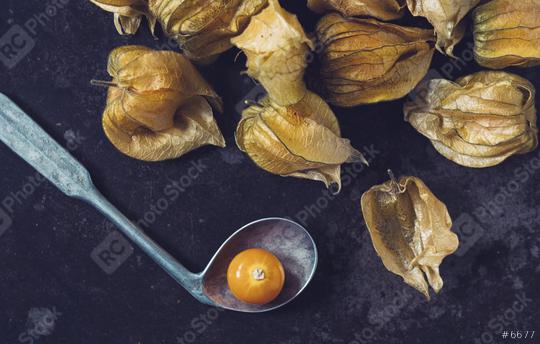 Physalis fruit (Physalis Peruviana) with spoon on dark background  : Stock Photo or Stock Video Download rcfotostock photos, images and assets rcfotostock | RC Photo Stock.: