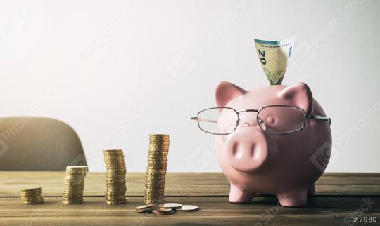 Piggy bank with coin stacks and euro note  - concept of increase   : Stock Photo or Stock Video Download rcfotostock photos, images and assets rcfotostock | RC Photo Stock.: