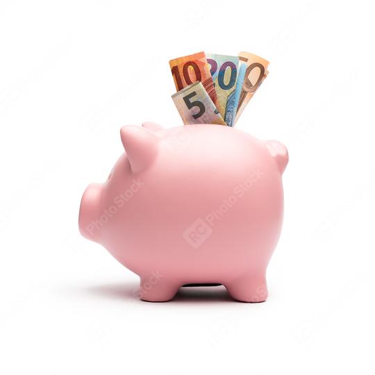 Piggy Bank with euro note on white  : Stock Photo or Stock Video Download rcfotostock photos, images and assets rcfotostock | RC Photo Stock.: