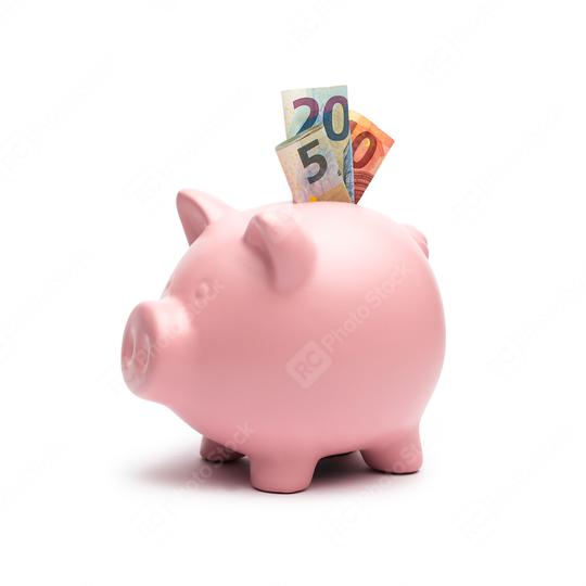 Piggy Bank with euro note on white background  : Stock Photo or Stock Video Download rcfotostock photos, images and assets rcfotostock | RC Photo Stock.: