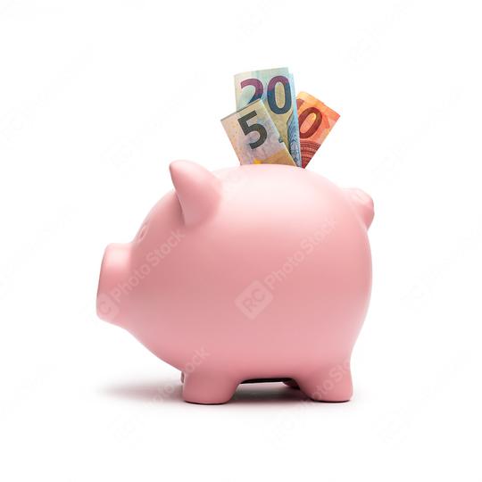Piggy Bank with euro note on white background  : Stock Photo or Stock Video Download rcfotostock photos, images and assets rcfotostock | RC Photo Stock.: