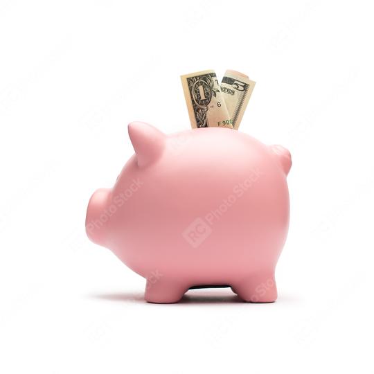 Piggy bank with one dollar notes on white background  : Stock Photo or Stock Video Download rcfotostock photos, images and assets rcfotostock | RC Photo Stock.: