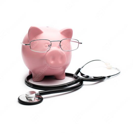Piggy bank with stethoscope isolated on white  : Stock Photo or Stock Video Download rcfotostock photos, images and assets rcfotostock | RC Photo Stock.:
