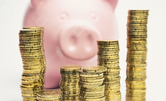 Pink Piggy Bank behind stacked coins - money concept image  : Stock Photo or Stock Video Download rcfotostock photos, images and assets rcfotostock | RC Photo Stock.: