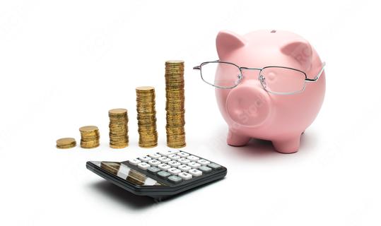 Pink Piggy Bank with Calculator and stacked coins  : Stock Photo or Stock Video Download rcfotostock photos, images and assets rcfotostock | RC Photo Stock.: