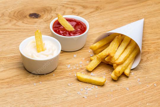 Pommes fries bag with ketchup and mayonnaise  : Stock Photo or Stock Video Download rcfotostock photos, images and assets rcfotostock | RC Photo Stock.: