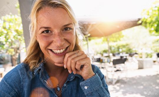 Portrait of happy mature woman looking at camera. Closeup face of smiling woman sitting in cafeteria with hand on chin. Successful lady in a cafe pub.  : Stock Photo or Stock Video Download rcfotostock photos, images and assets rcfotostock | RC Photo Stock.: