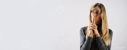 portrait of young woman with glasses thinking looks left, banner size, panorama, with copyspace for your individual text.  : Stock Photo or Stock Video Download rcfotostock photos, images and assets rcfotostock | RC Photo Stock.: