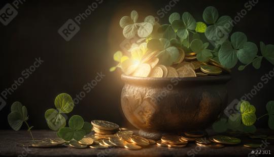 Pot with gold coins covered with clover on wooden table against dark background. St. Patrick  : Stock Photo or Stock Video Download rcfotostock photos, images and assets rcfotostock | RC Photo Stock.: