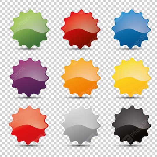 Promo sale badges in different colors or round starburst stickers, for logo isolated design on checked transparent background, copy space for individual text. Vector illustration. Eps 10 vector file.  : Stock Photo or Stock Video Download rcfotostock photos, images and assets rcfotostock | RC Photo Stock.: