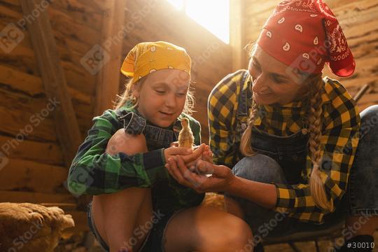 Proud chicken farmer woman showing her daughter a newborn chicken in her hands in a henhouse  : Stock Photo or Stock Video Download rcfotostock photos, images and assets rcfotostock | RC Photo Stock.: