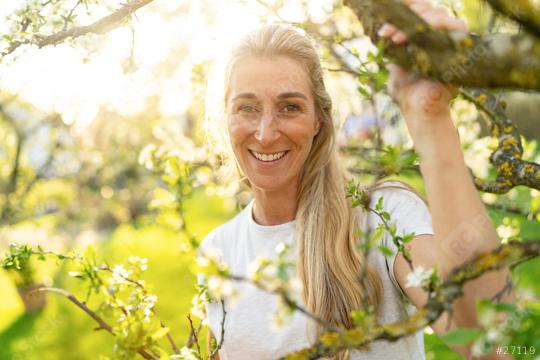 Radiant mature woman smiling amidst the blossoming branches of an apple tree in spring  : Stock Photo or Stock Video Download rcfotostock photos, images and assets rcfotostock | RC Photo Stock.: