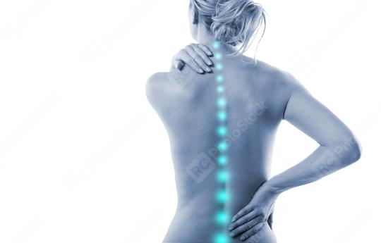 Rear view of a woman with highlighted spine and glowing points, holding her neck and lower back to symbolize pain, chiropractic care, spine health, or back problems  : Stock Photo or Stock Video Download rcfotostock photos, images and assets rcfotostock | RC Photo Stock.:
