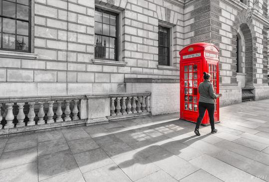 red british phone booth with walking woman in London England UK.   : Stock Photo or Stock Video Download rcfotostock photos, images and assets rcfotostock | RC Photo Stock.: