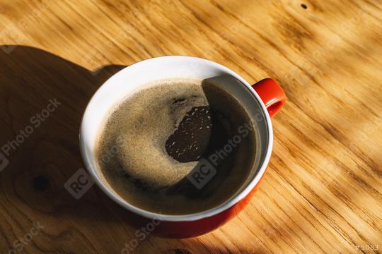 red Cup of coffee on wooden table, top view  : Stock Photo or Stock Video Download rcfotostock photos, images and assets rcfotostock | RC Photo Stock.: