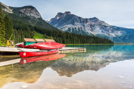 Red kayaks at Emerald Lake in Canadian Rockies, Yoho National Park, Alberta, Canada  : Stock Photo or Stock Video Download rcfotostock photos, images and assets rcfotostock | RC Photo Stock.: