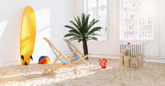 Relaxing in Coronavirus quarantine  or lockdown with the beach, deck chair and surfboard in the living room at home for Infection Protection    : Stock Photo or Stock Video Download rcfotostock photos, images and assets rcfotostock | RC Photo Stock.: