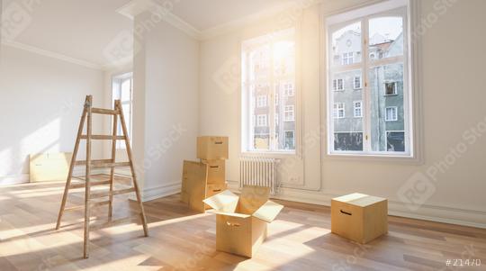 Relocation with moving boxes in a room with a wooden ladder an sunlight  : Stock Photo or Stock Video Download rcfotostock photos, images and assets rcfotostock | RC Photo Stock.: